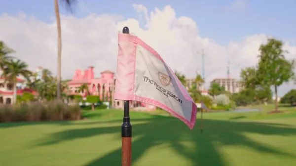 A pink flag on a golf course with palm trees.