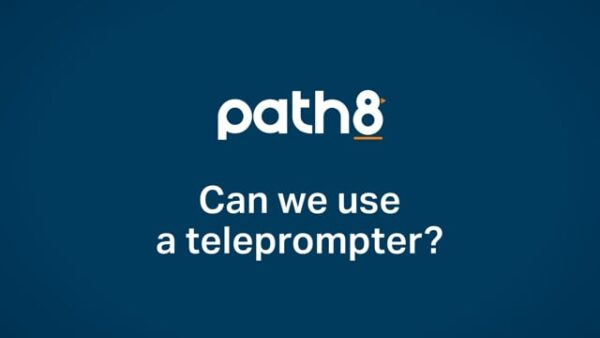 A blue background with the white "path8" logo and the text "Can we use a teleprompter?" displayed in the center.