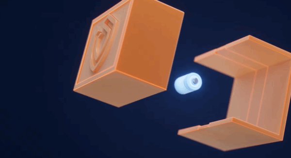 Three objects are floating against a dark background: an orange cuboid with an embossed shield symbol, a white cylindrical object, and an open orange box-like structure.