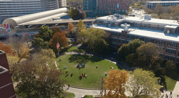Aerial view of a green lawn with people gathered in groups, surrounded by trees with fall foliage and campus buildings in the background.