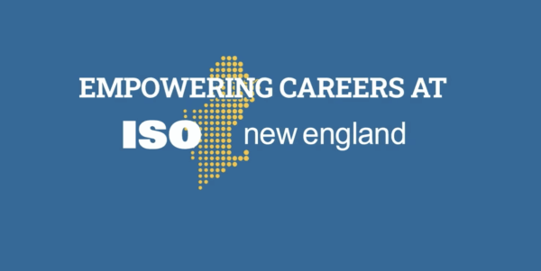 Text reads “Empowering Careers at ISO New England” on a blue background with a yellow dotted outline of a geographic region.