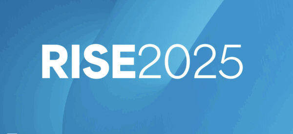 White text reading "RISE 2025" on a blue background with gradient light effects.