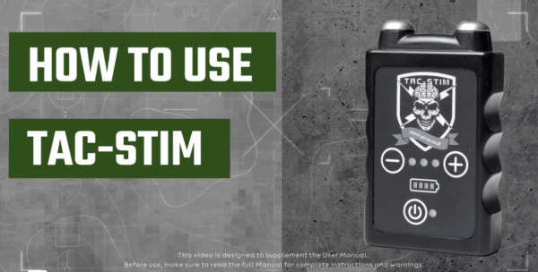 A black TAC-STIM device is shown next to bold green and white text reading "HOW TO USE TAC-STIM" on a gray background.