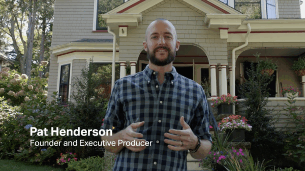 Pat Henderson stands in front of a house with a garden. Text reads: "Pat Henderson, Founder and Executive Producer.