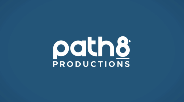 The logo for "path8 PRODUCTIONS" in white text on a blue background, with the number 8 stylized to include a small arrow.