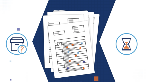 A stack of documents with charts is centered between icons of a file box with a question mark and an hourglass, suggesting data review or analysis over time.
