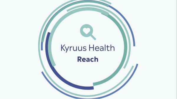 A circular graphic with teal and blue segments surrounds a magnifying glass with a heart, displaying the text "Kyruus Health Reach" in the center.