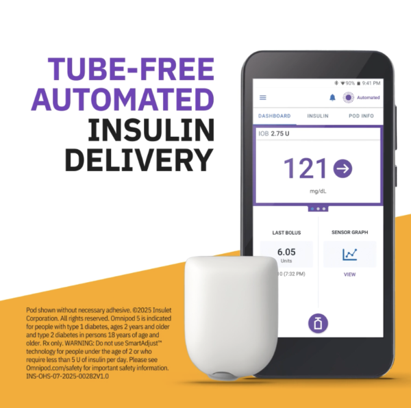 A smartphone displays insulin levels next to a small, white pod. Text reads "Tube-Free Automated Insulin Delivery." Product and safety information appear at the bottom.